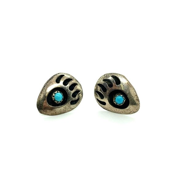 VTG Estate Navajo Sterling Silver & Turquoise Bear Paw Stud Pierced Earrings! 25 - Picture 5 of 6